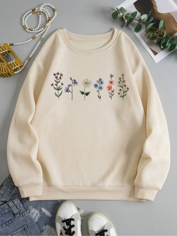 Çiçek Desenli Termal Astarlı Sweat Bej