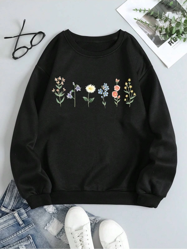 Çiçek Desenli Termal Astarlı Sweat Siyah
