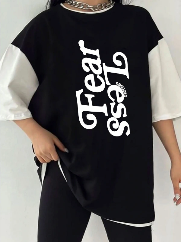 Çift Renk FEAR LESS Baskılı Unisex Tshirt