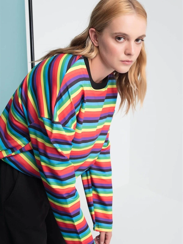 Çizgili Yuvarlak Yaka Kırmızı Sarı Sweatshirt Hoodie