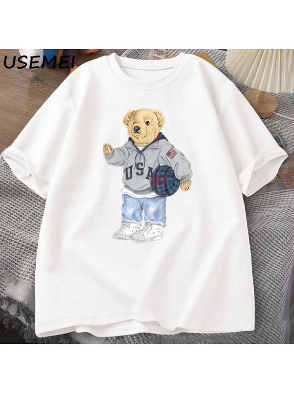 Classic Bear Print T Shirt Brand Men Summer Cotton T-shirt Short Sleeved Funny Graphic Tees C