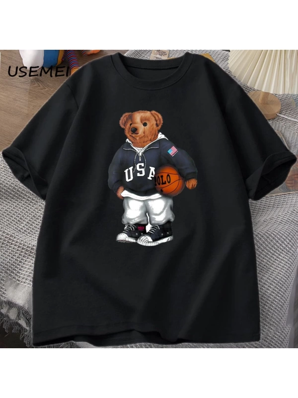 Classic Bear Print T Shirt Brand Men Summer Cotton T-shirt Short Sleeved Funny Graphic Tees C