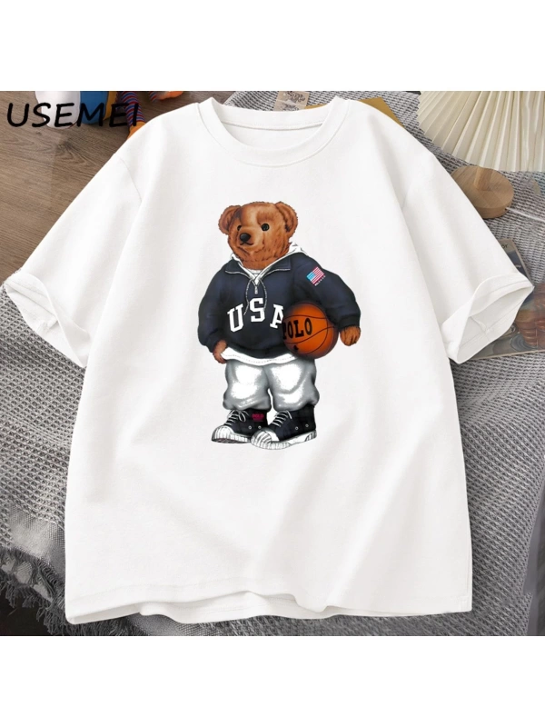Classic Bear Print T Shirt Brand Men Summer Cotton T-shirt Short Sleeved Funny Graphic Tees C