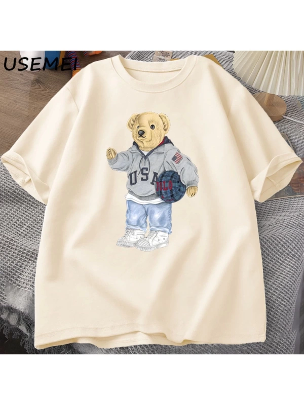 Classic Bear Print T Shirt Brand Men Summer Cotton T-shirt Short Sleeved Funny Graphic Tees C
