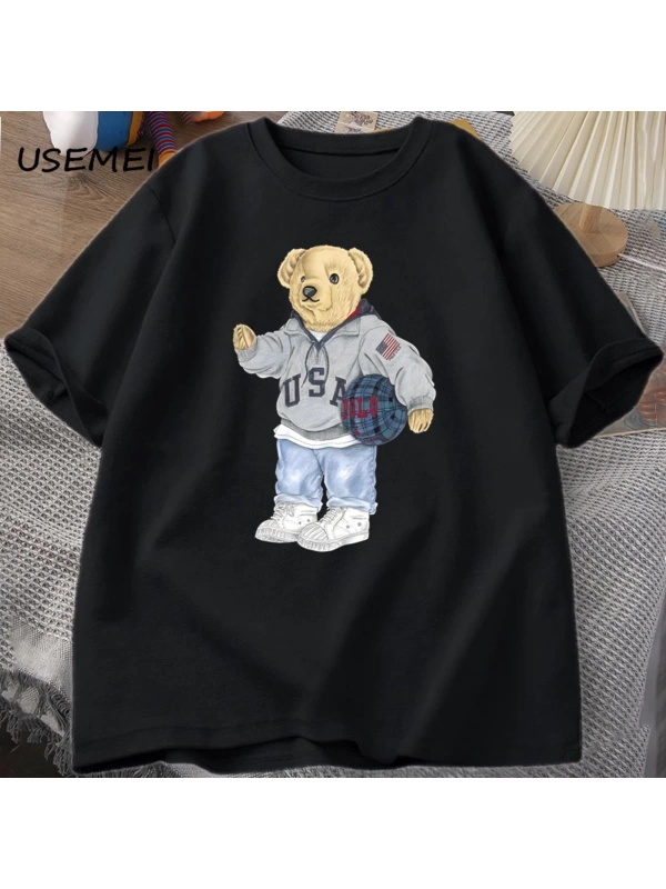 Classic Bear Print T Shirt Brand Men Summer Cotton T-shirt Short Sleeved Funny Graphic Tees C