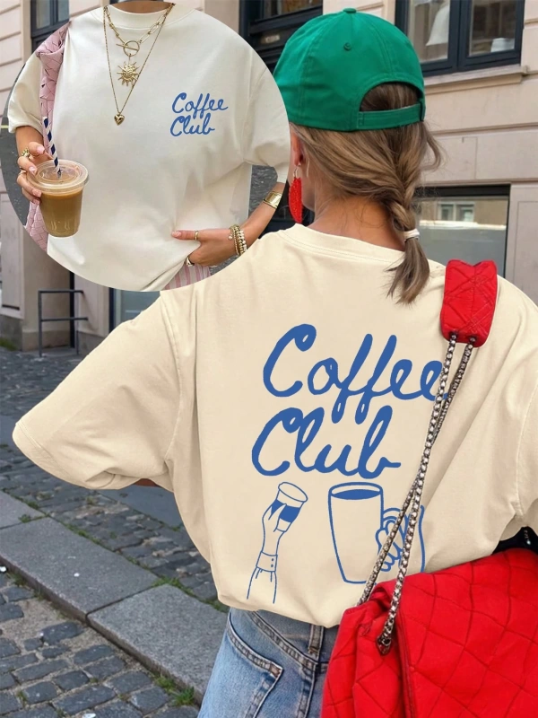 Coffee Club Baskılı Yazlık Kadın Büyük Boy Kısa Kollu Üst, Günlük Kadın Giyim, Yazlık Tişört,