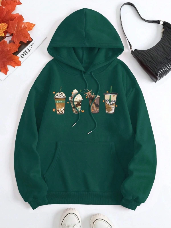 Coke serisi Cartoon Graphic Kangaroo Pocket Drawstring Thermal Lined Hoodie