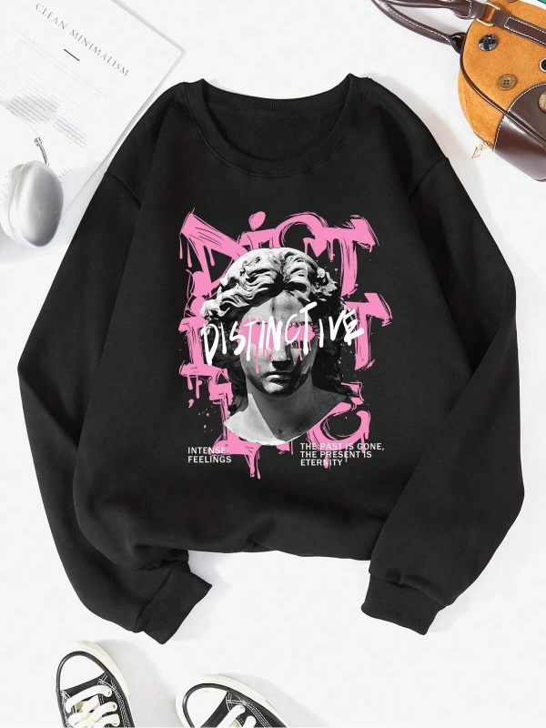 Coke serisi Coolane Figure & Slogan Graphic Thermal Lined Sweatshirt