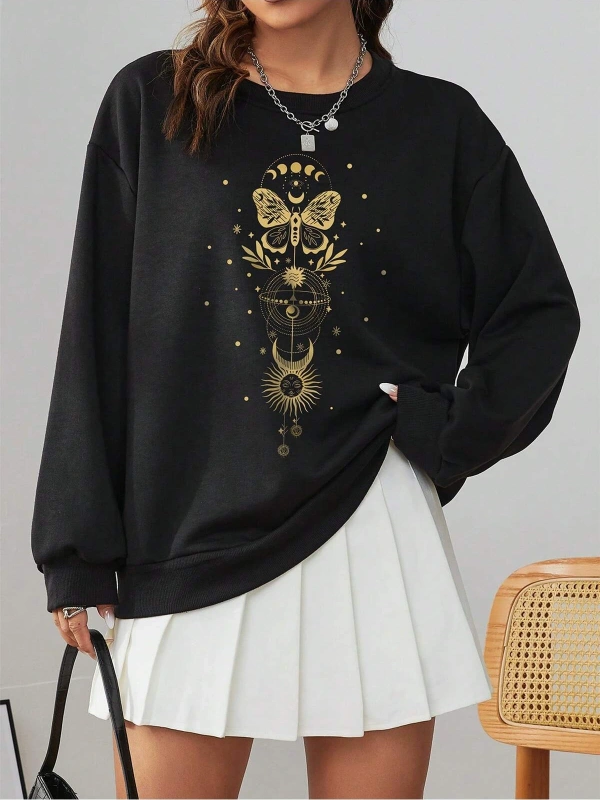 Coke serisi EZwear Sun & Moon Print Drop Shoulder Sweatshirt