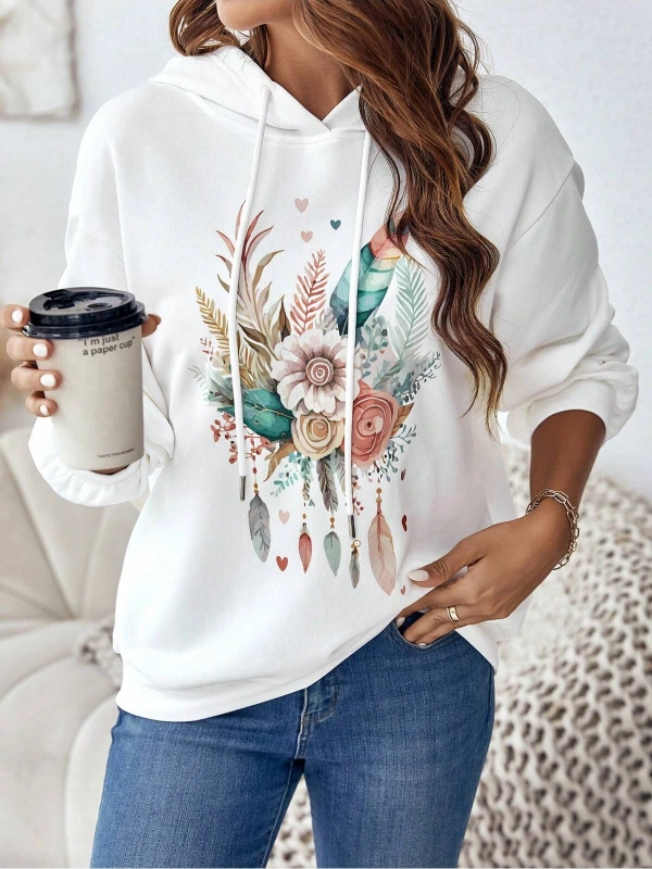 Coke serisi Floral & Feather Print Drop Shoulder Drawstring Hoodie