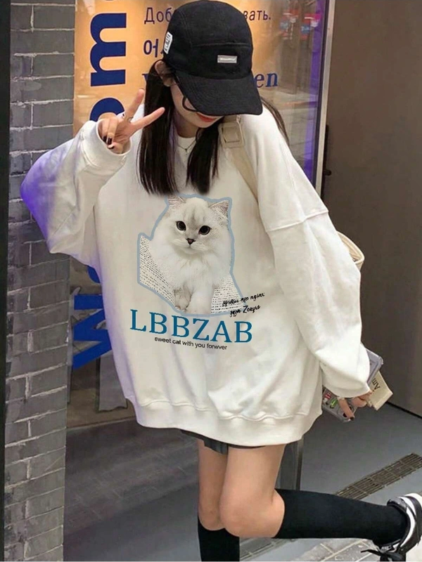 Coke serisi Letter & Cat Graphic Drop Shoulder Pullover