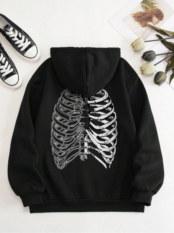 Coke serisi Skeleton Print Zip Up Thermal Lined Drawstring Hoodie