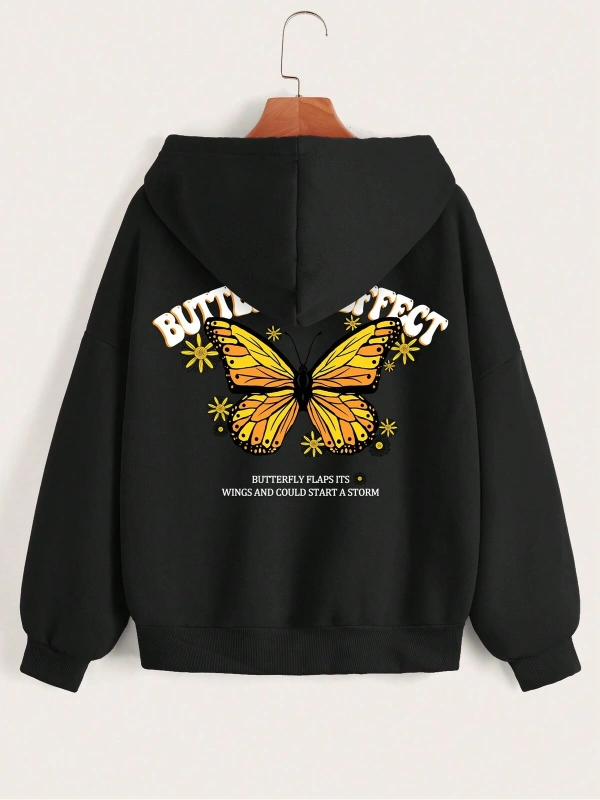 Coke serisi Slogan & Butterfly Print Drop Shoulder Drawstring Zipper Thermal Lined Hoodie
