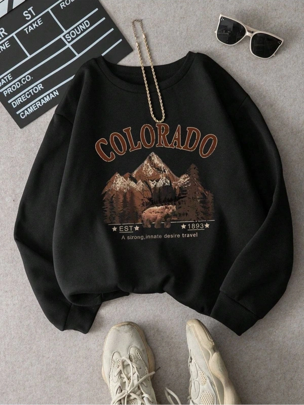 Colorado Baskılı Üç İplik Unisex Oversize Sweatshirt Siyah