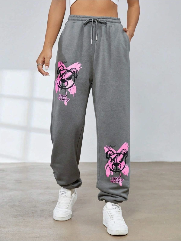 Coolane Cartoon and Graphic Drawstring Waist Slant Pocket 4 Mevsim Eşofman