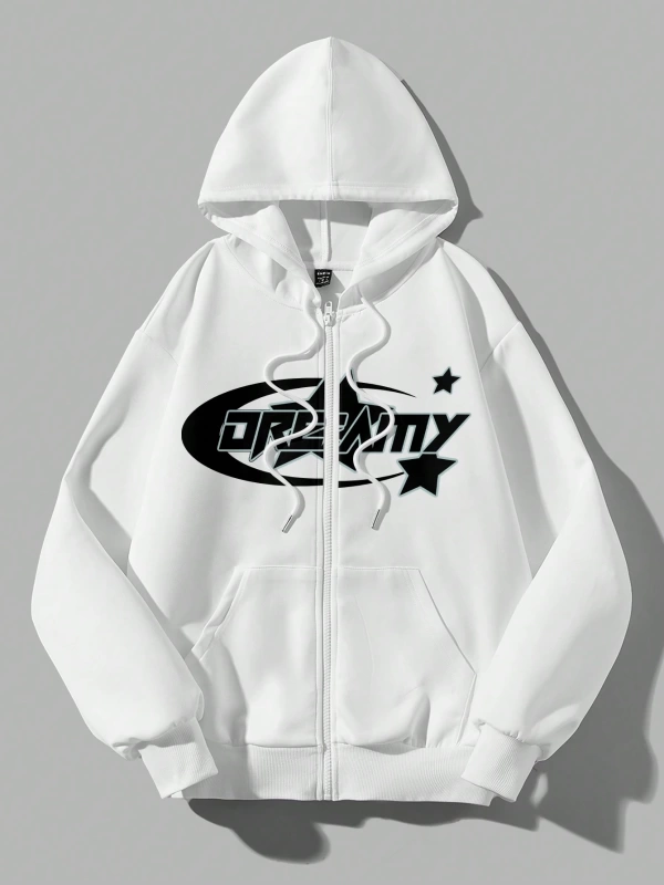 Coolane Casual Star & Letter Loose Fit Bağcıklı Kapşonlu Fermuarlı Sweatshirt Kadınlar İçin,  Model 5149