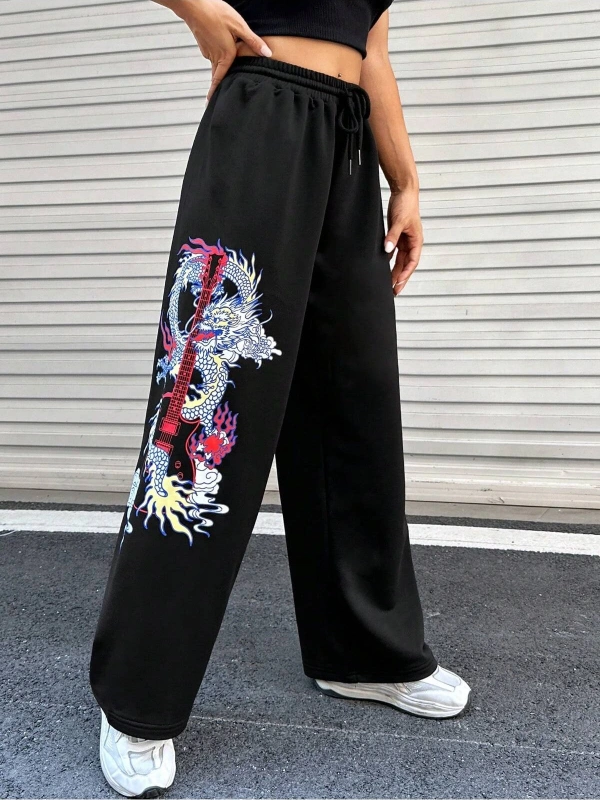 Coolane Dragon & Guitar Print Drawstring Waist 4 Mevsim Eşofman