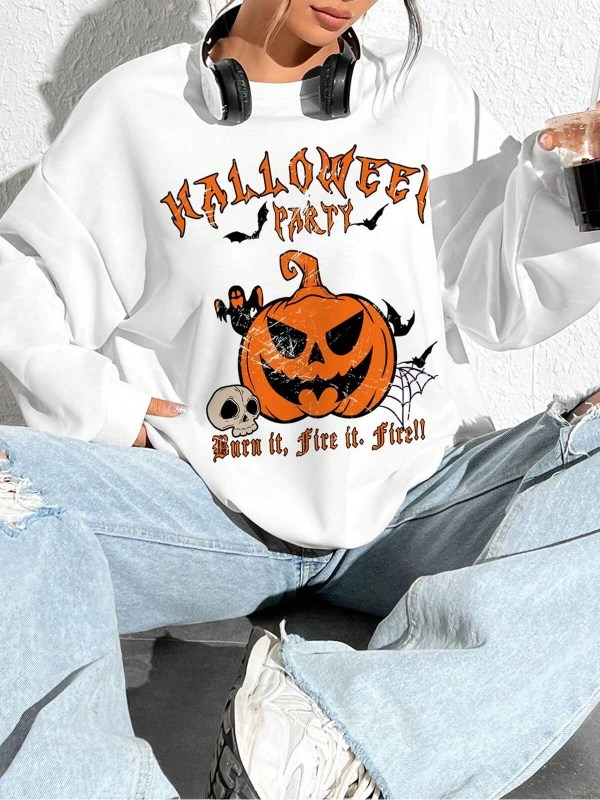 Coolane Halloween Print Drop Shoulder Oversize Sweatshirt Beyaz