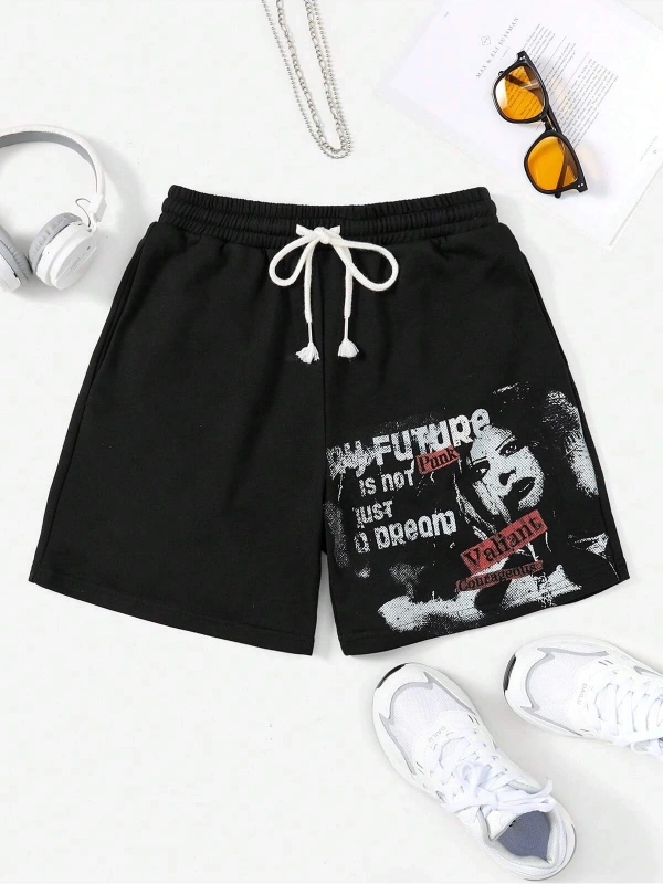 Coolane Letter Graphic Drawstring Waist Şort