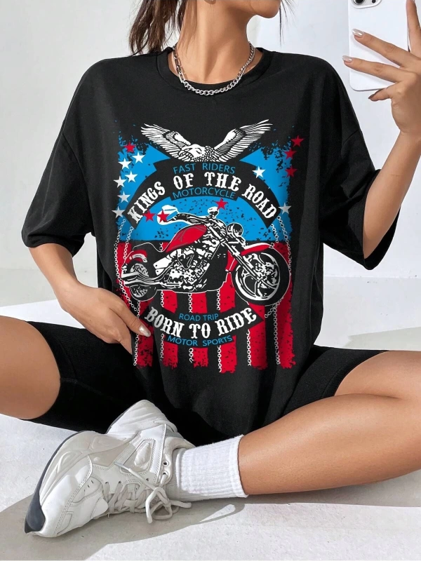 Coolane Motosiklet ve Slogan Grafikli Düşük Omuzlu Büyük Boy Tişört