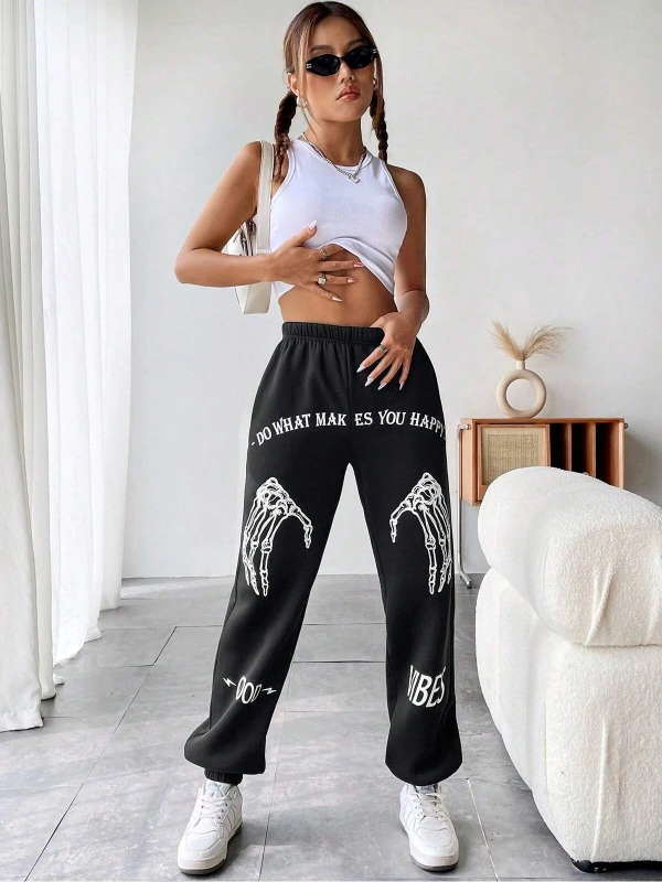Coolane Skeleton Hand & Letter Graphic Elastic Waist 4 Mevsim Eşofman