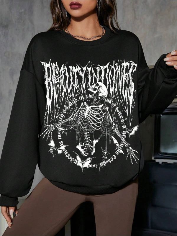 Coolane Skeleton & Letter Graphic Drop Shoulder Sweatshirt Siyah