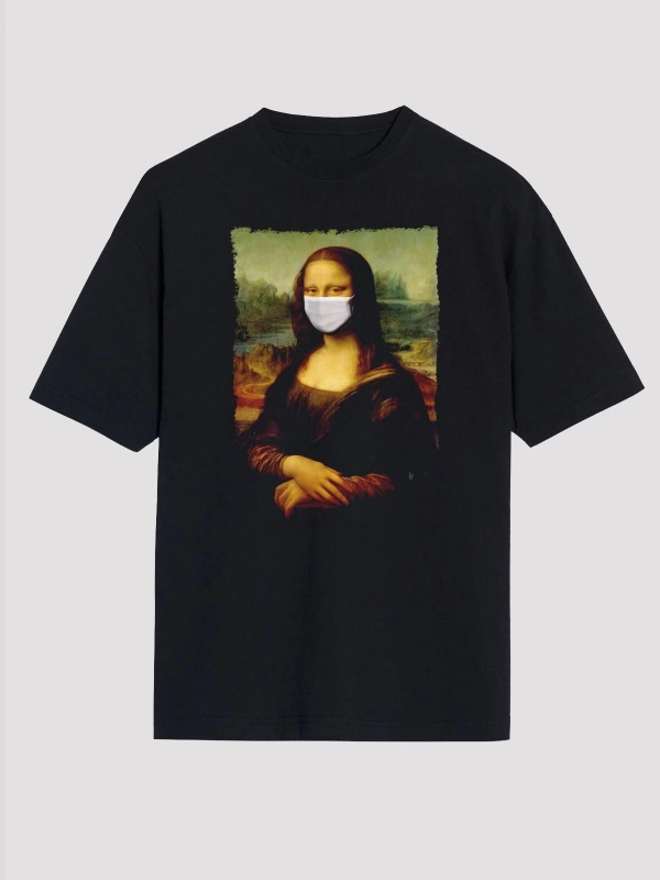 Covid Korona Mona Lisa Baskılı Unisex Siyah Oversize Tişört