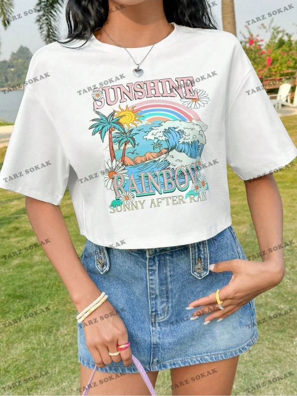 Crop CKOD-232913 Kadın Tropikal Mektup Baskılı Crop CKOD-232913 Top