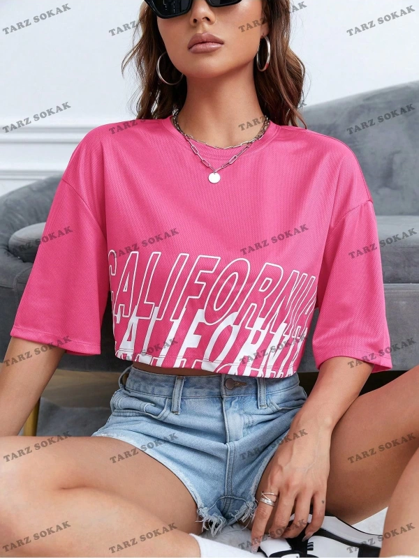 Crop CKOD-232913  Şık Pembe Damla Omuz Harf Baskılı