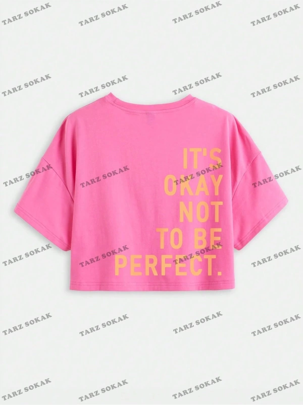 Crop CKOD-232913 Yazılı Baskılı Yuvarlak Yaka Oversize Kısa Kollu Yaza Uygun Kadın