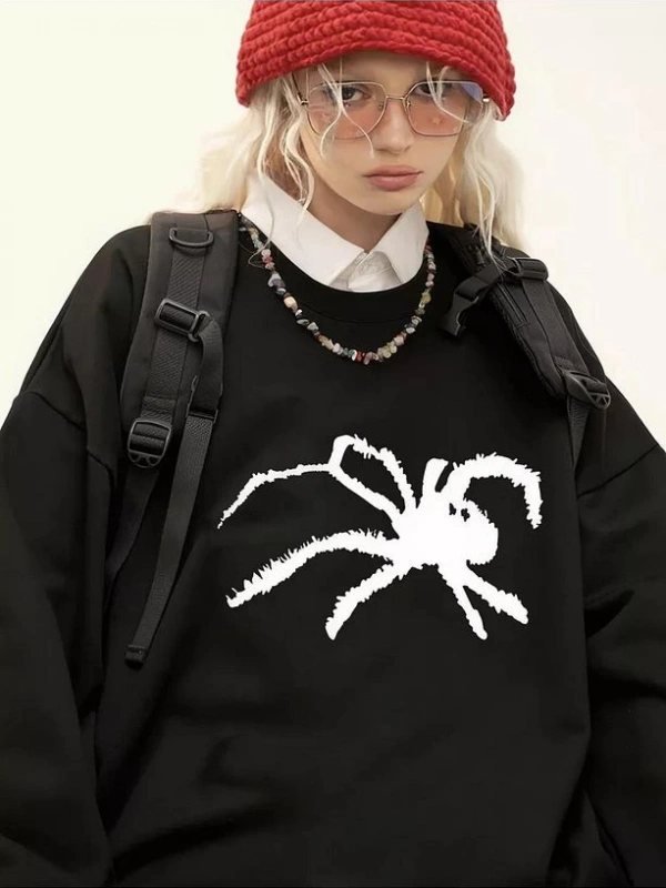 Cupla Unisex Spider Bisiklet Yaka Sweatshirt Siyah