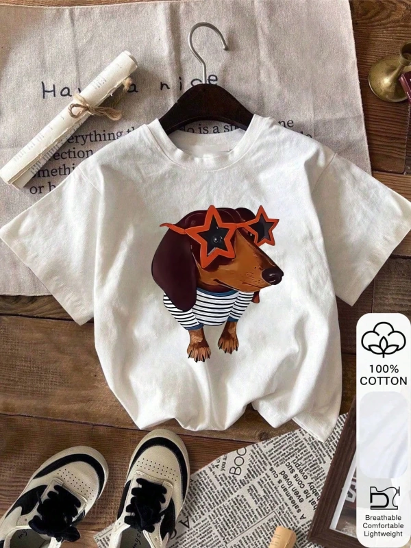 Dachshund Baskı, Yazlık Kadın %100 Pamuklu Kısa Kollu, Beyaz Kısa Kollu, Grafik Tişörtler, Be