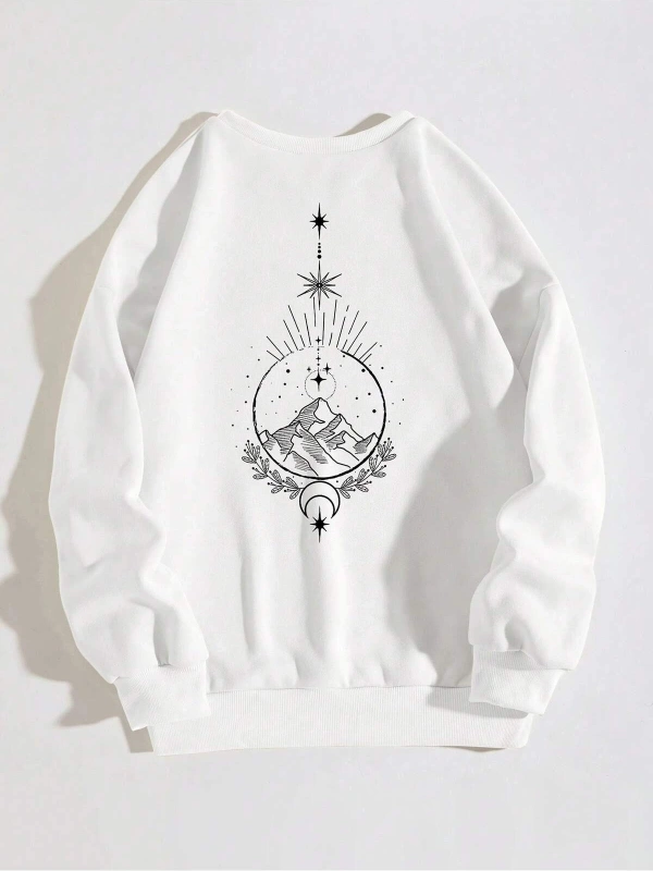Dağ ve Güneş Desenli Damla Omuz Sweatshirt Beyaz
