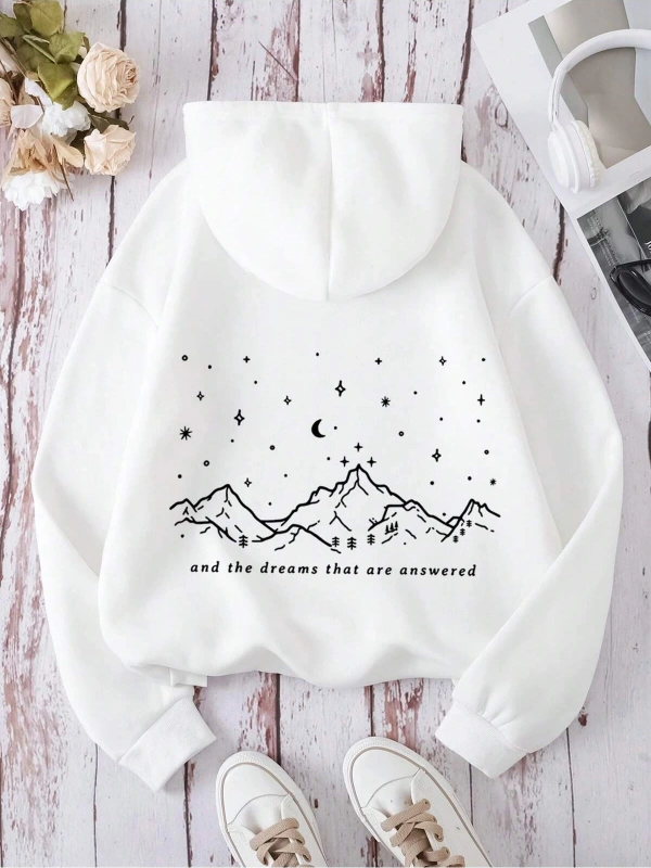 Dağ ve Slogan Grafikli Kanguru Cepli İpli Kapüşonlu Üst Beyaz