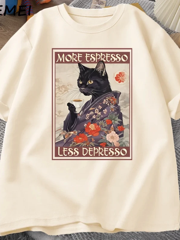 Daha fazla Espresso Daha Az Depresso Esprili T-Shirt Erkek Kadın Siyah Kedi Kahve TPa 3003
