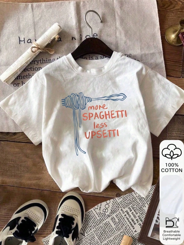 DAHA FAZLA SPAGETTİ DAHA AZ Upsetti Baskılı Yazlık Kadın %100 Pamuklu Kısa Kollu, Beyaz Üstle