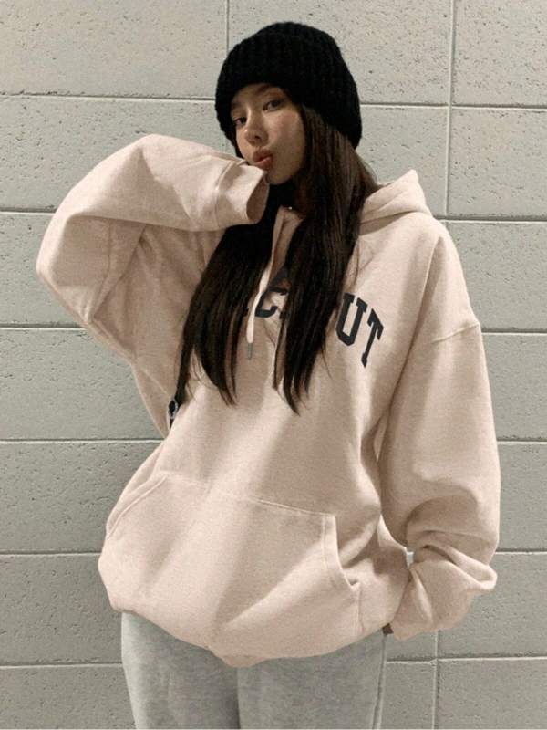 DAZY Harfli Grafik Düşük Omuz Oversize İpli Kapüşonlu Üst Bej