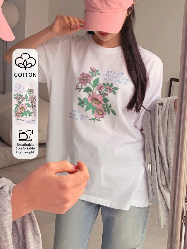 DAZY Kadın Yuvarlak Yaka Grafik Baskılı Tişört, Minimalist Moda Günlük Giyim