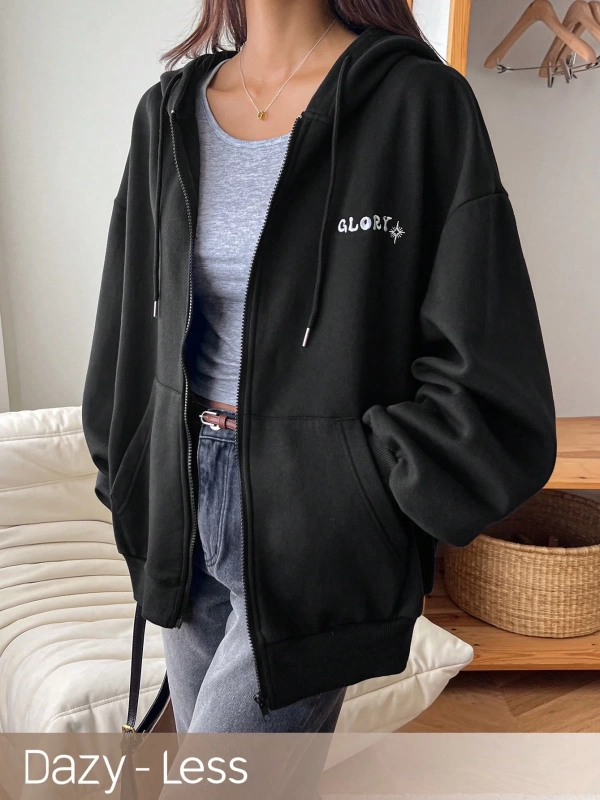 Dazy-Less 1 Adet Kadın Düz Renk İşlemeli Harf Polar Kapşonlu Sweatshirt Sweatshirt Model 5154