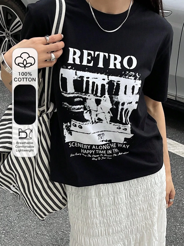 Dazy-Less Kadın Retro Desen Kısa Kollu Yazlık Tişört YOL BOYUNCA MANZARALAR 19DA MUTLU ZAMAN