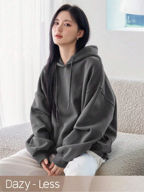 Dazy-Less Kanguru Cepli Düşük Omuz İpli Kapüşonlu Üst Gri