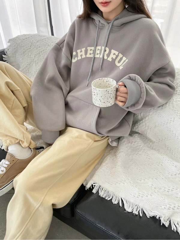 Dazy-Less Letter Graphic Drop Shoulder Drawstring Hoodie Without Tee Gri