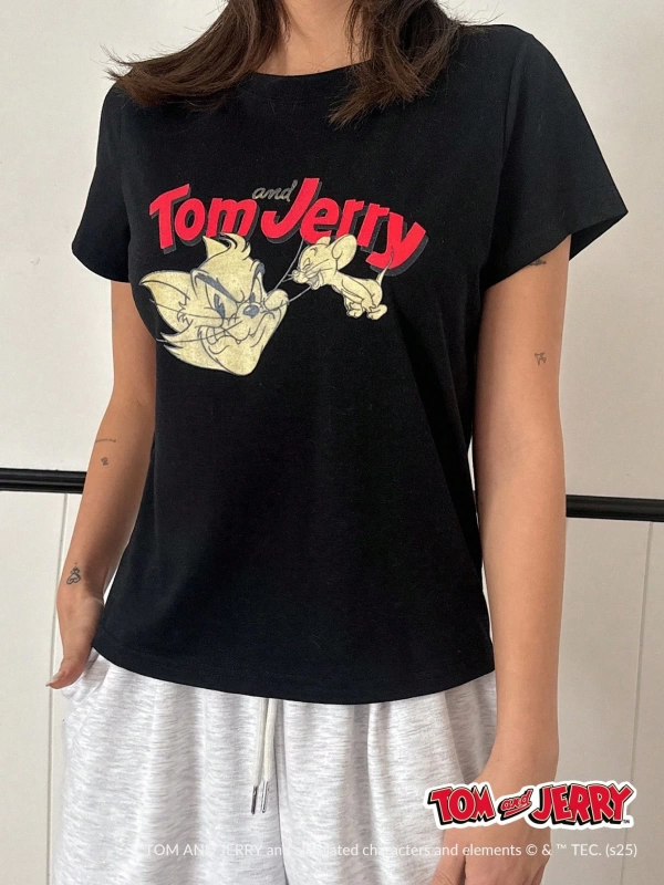 DAZY TOM AND JERRY X DAZY Kadın Yuvarlak Yaka Fitted Baskılı Kısa Kollu Basit Tişört, Günlük