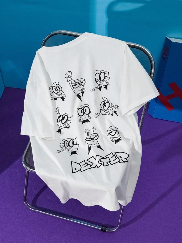 Dexters Laboratory X SHEIN Unisex Günlük Örgü Figür Grafik Beyaz Kısa Kollu %100 Pamuklu Tiş