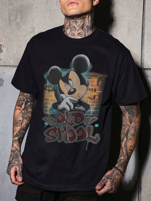 Disney Disney İşbirliği Mickey Mouse Erkek Rahat Karikatür Baskılı Kısa Kollu Tişört, Yaz