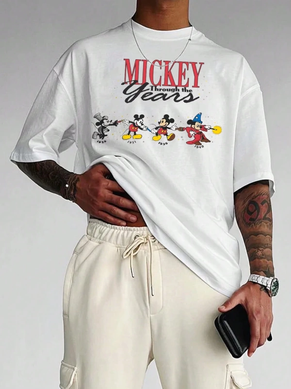 Disney Disney İşbirliği Mickey Mouse Erkek Rahat Karikatür Baskılı Kısa Kollu Tişört, Yaz