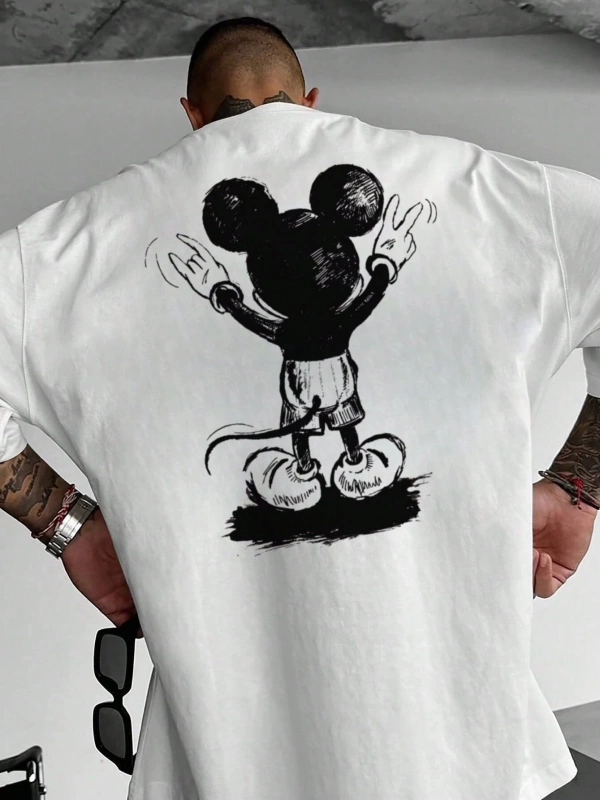 Disney Disney İşbirliği Mickey Mouse Erkek Rahat Karikatür Baskılı Kısa Kollu Tişört, Yaz