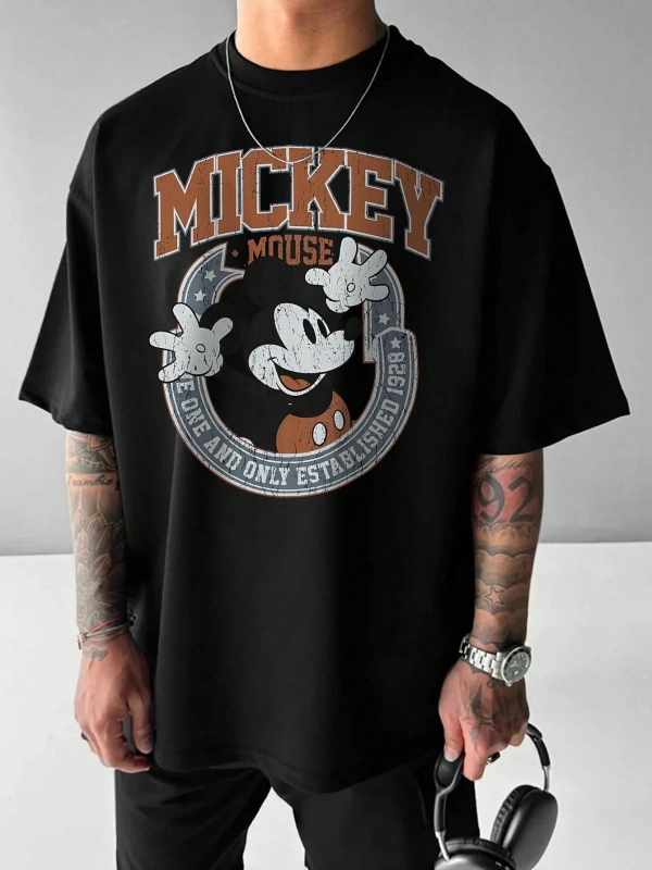 Disney Disney İşbirliği Mickey Mouse Erkek Rahat Karikatür Baskılı Kısa Kollu Tişört, Yaz