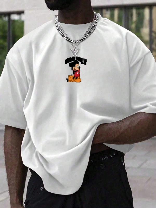 Disney Disney İşbirliği Mickey Mouse Erkek Rahat Karikatür Baskılı Kısa Kollu Tişört, Yaz