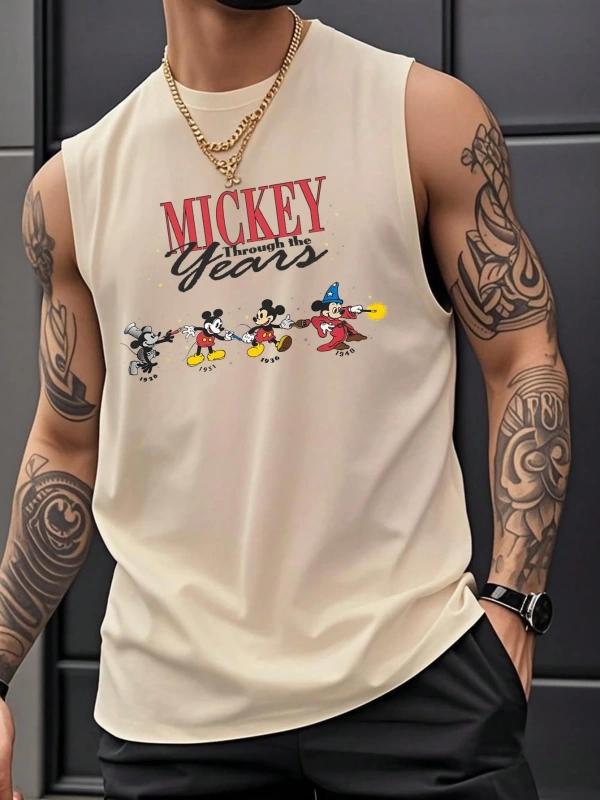 Disney Disney İşbirliği Mickey Mouse Karikatür Baskılı Kısa Kollu Tişört, Erkek Yaz Rahat